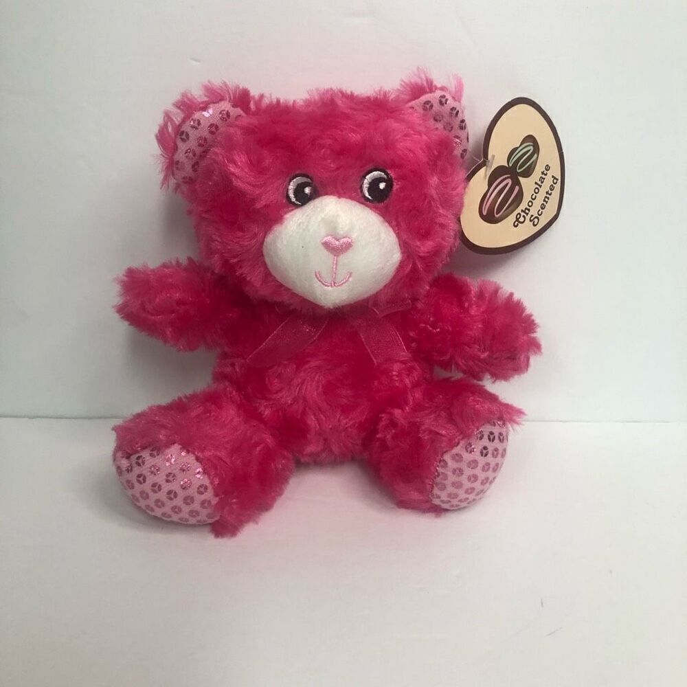 pink valentine bear sequin feet fuzzy teddy bear embroidered eyes‎ and nose 6”